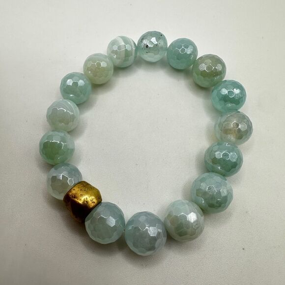 12mm faceted "Aquamarine" stone stretchy bracelet, size 7 - Picture 9 of 15